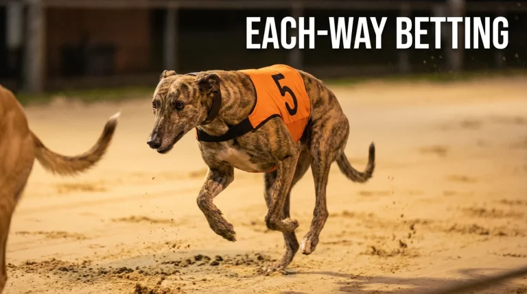 Greyhound race with two dogs close at the finish line illustrating each-way betting