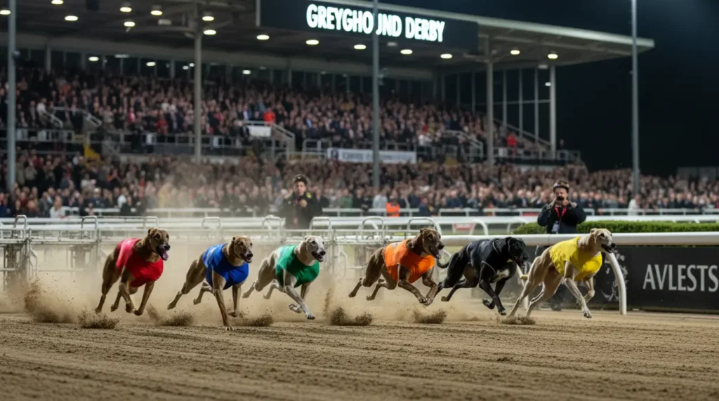 Greyhound racing at the English Greyhound Derby final under floodlights