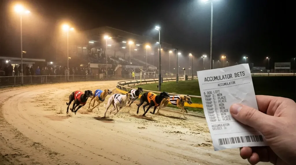 Multiple greyhound races linked together representing accumulator betting