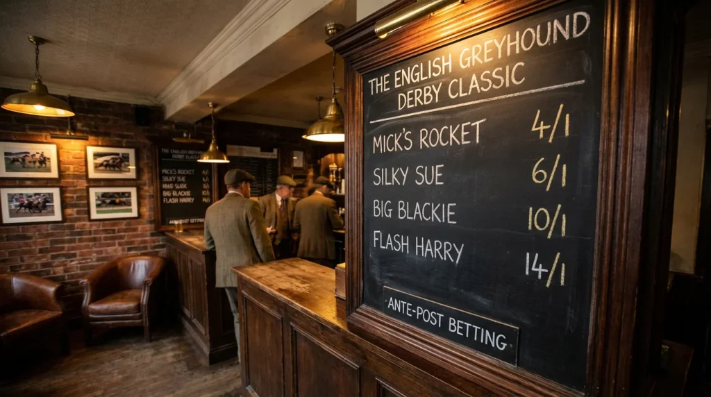 Ante-post greyhound betting odds board showing early prices for a major race