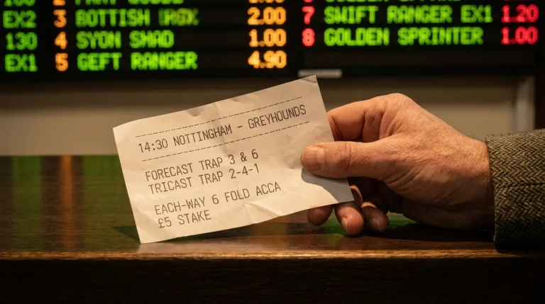 Greyhound betting slip with forecast and tricast options at a UK track