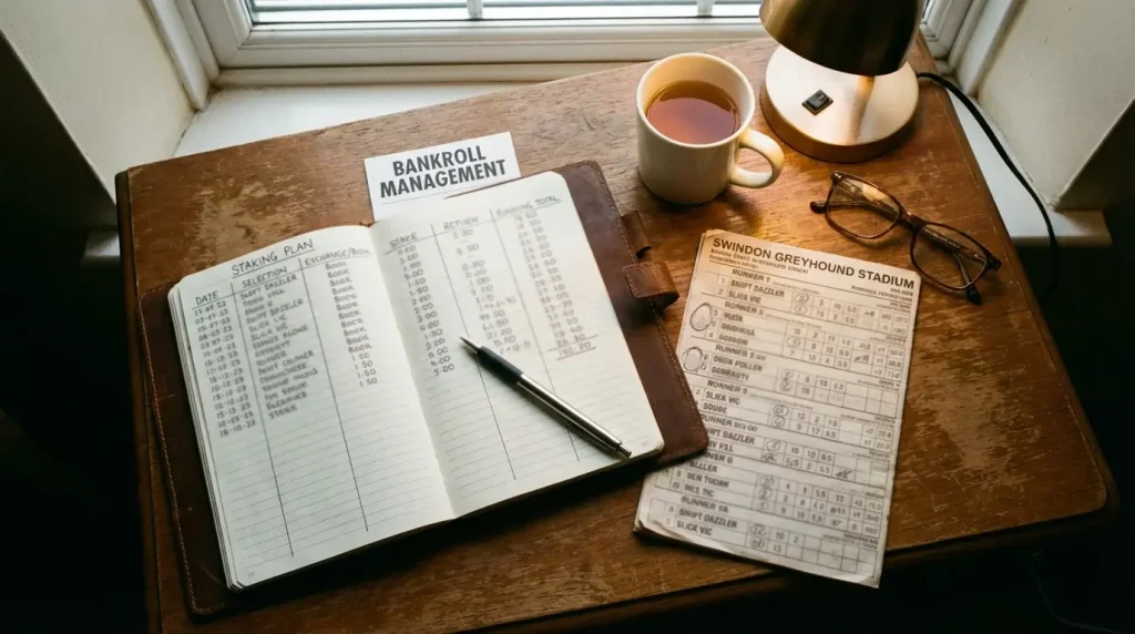 Bankroll management concept with betting stakes and profit tracking for greyhound racing