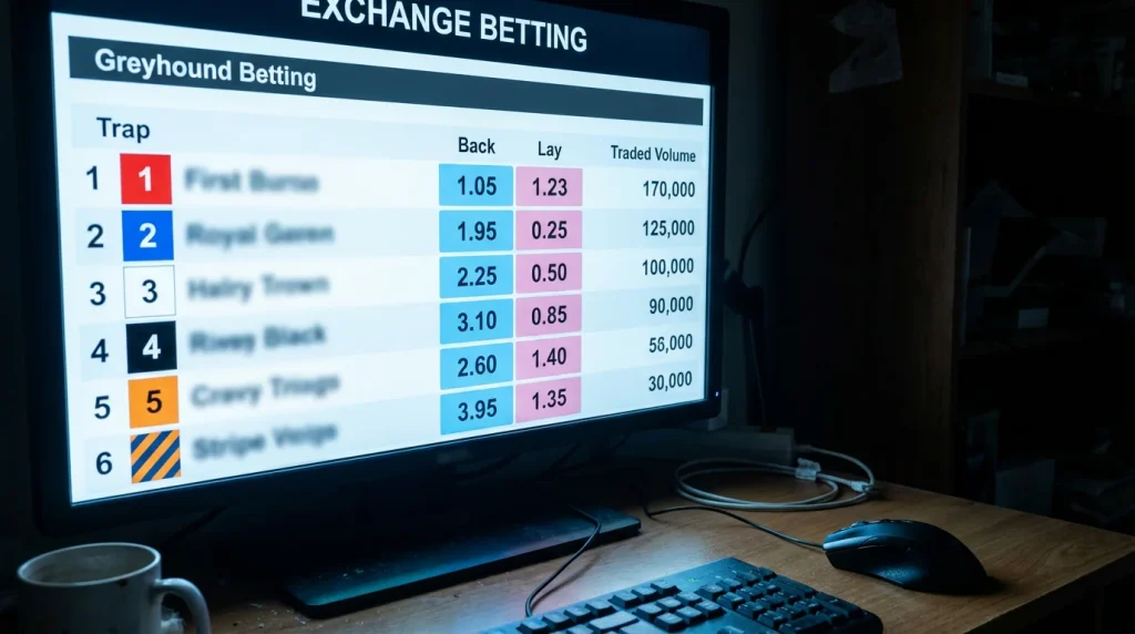 Betfair Exchange greyhound market showing back and lay odds