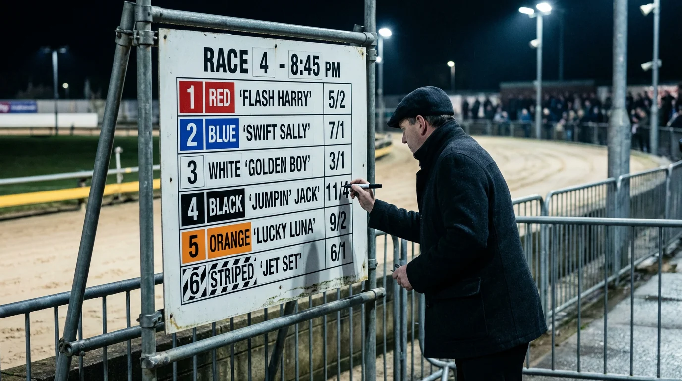 Bookmaker odds board displaying greyhound racing prices in fractional format before a race
