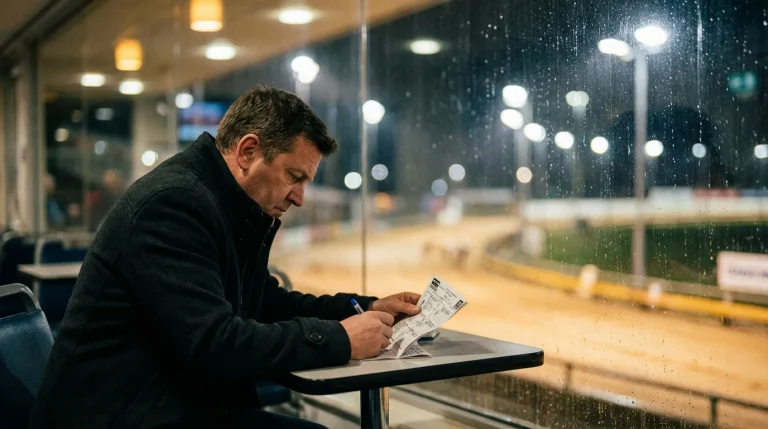 Punter studying a greyhound race card with pen in hand at a UK track