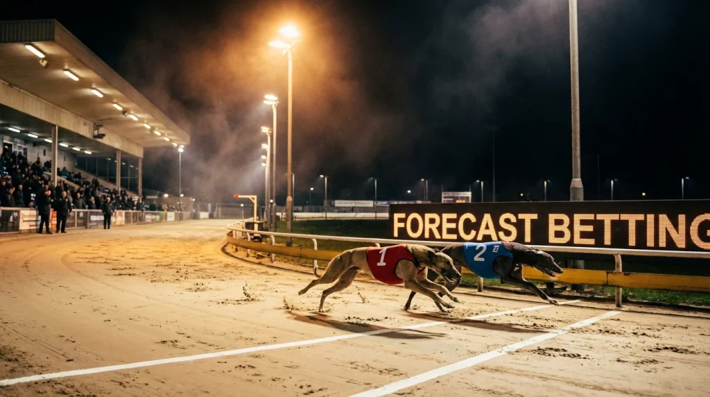 Greyhound forecast betting slip with two dogs finishing first and second at a UK track