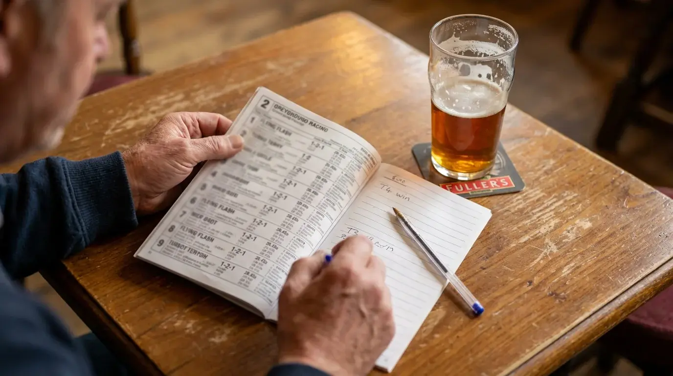 Close-up of a greyhound racecard showing form figures, sectional times and race comments columns