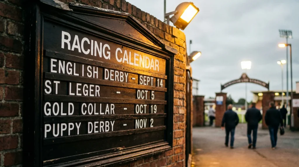 UK greyhound racing stadium programme board showing upcoming major event fixtures