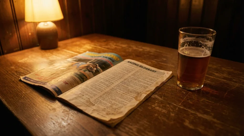 Greyhound racing glossary terms displayed over a UK track scene