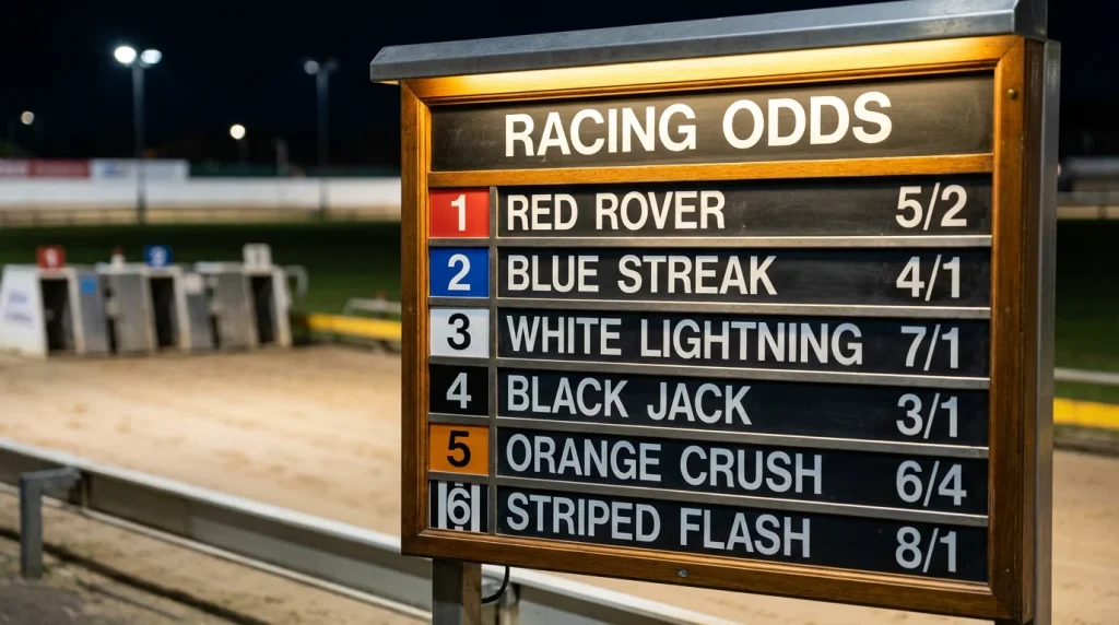 Greyhound racing odds board showing fractional and decimal prices