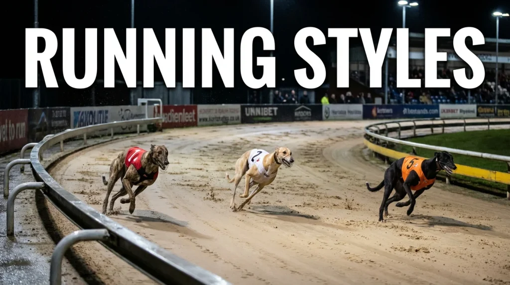 Three greyhounds racing in different positions on track showing railer middle and wide running styles