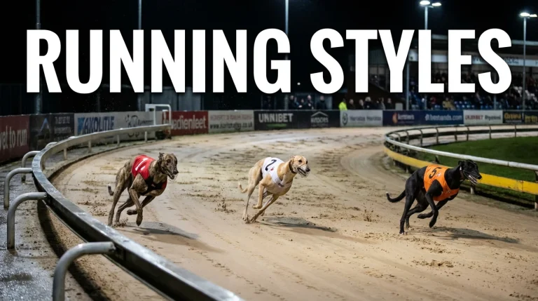 Three greyhounds racing in different positions on track showing railer middle and wide running styles