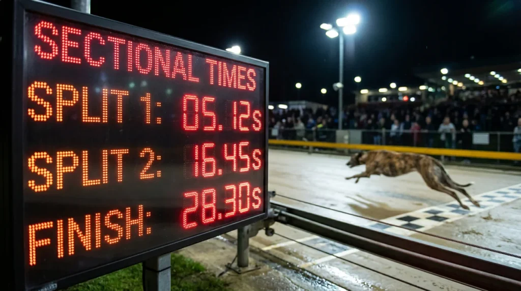 Greyhound racing timing display showing sectional splits and speed data