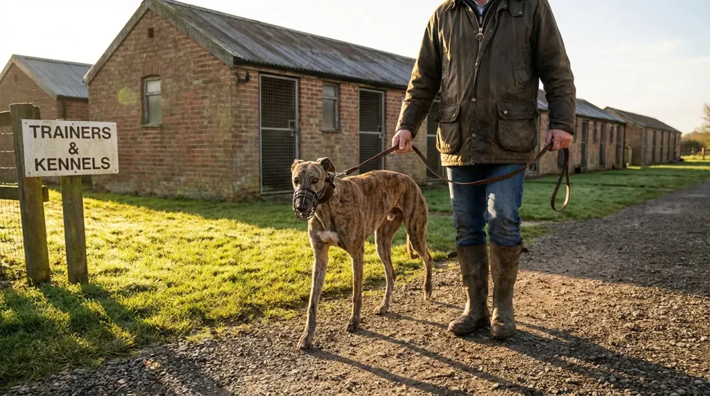 Greyhound trainer with racing dog at a UK kennels preparing for a race meeting