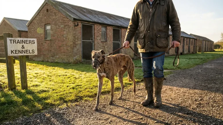 Greyhound trainer with racing dog at a UK kennels preparing for a race meeting