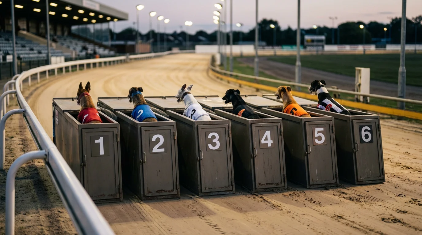 Six greyhounds in numbered colour-coded racing jackets lined up in starting traps at a UK sand track