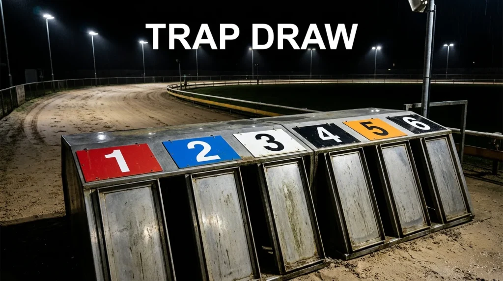 Six greyhound starting traps viewed from behind at a UK racing track