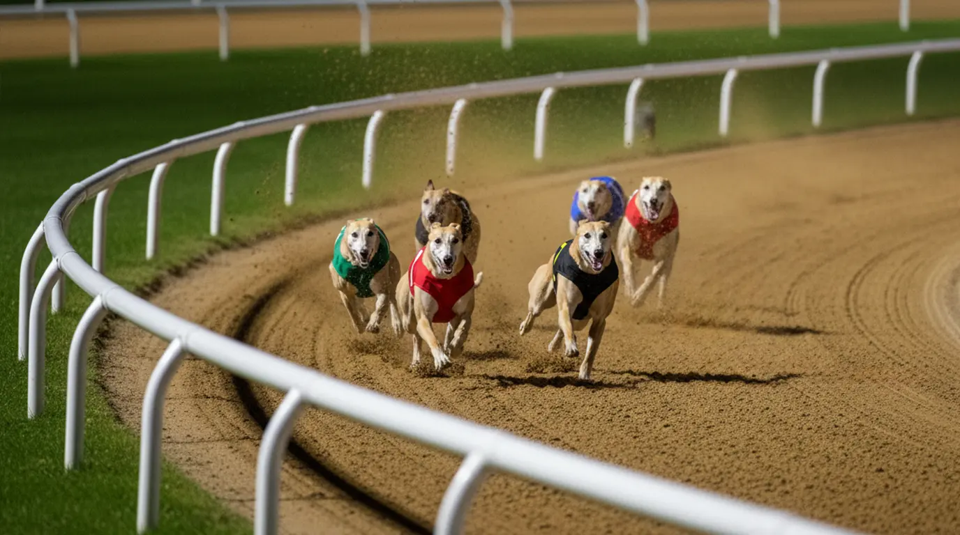 Greyhounds racing into the first bend at a floodlit UK track showing inside and outside running lines