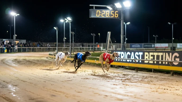 Greyhound tricast betting with three dogs crossing the finish line