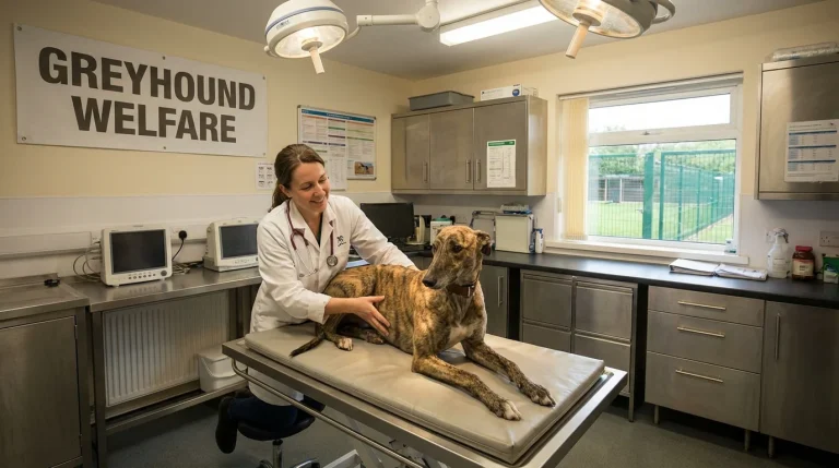 Greyhound being cared for by a veterinary professional at a UK racing track