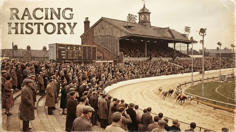 Historic black and white photograph of early greyhound racing at a UK stadium