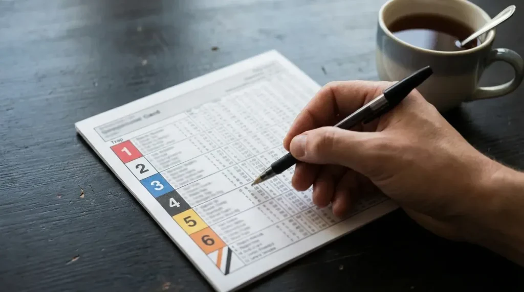 Greyhound race card with form figures and sectional times highlighted