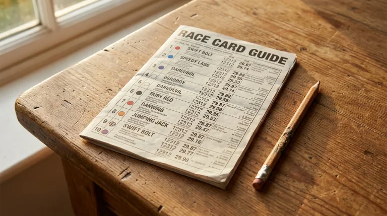 Close-up of a UK greyhound racing racecard with form figures and race details