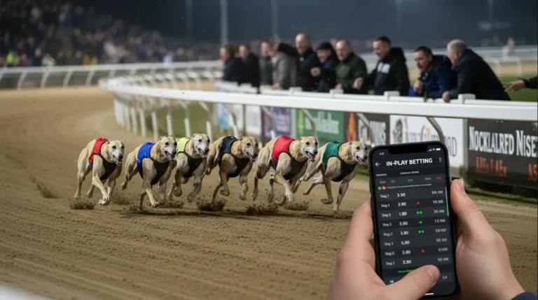 Greyhound racing in progress with in-play betting odds overlay