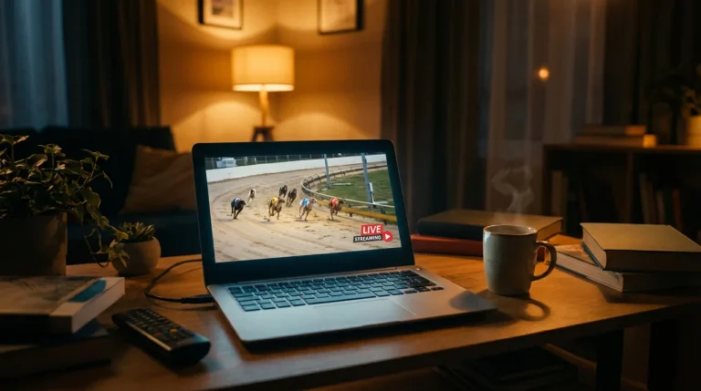 Live greyhound racing stream playing on a mobile phone screen