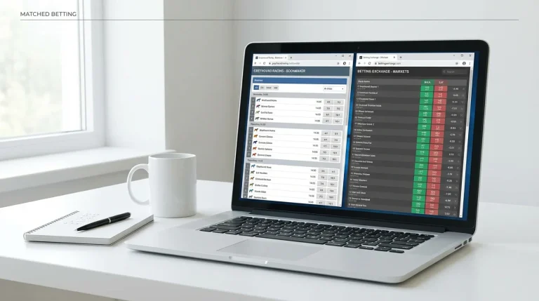 Matched betting concept showing bookmaker and exchange screens for greyhound racing