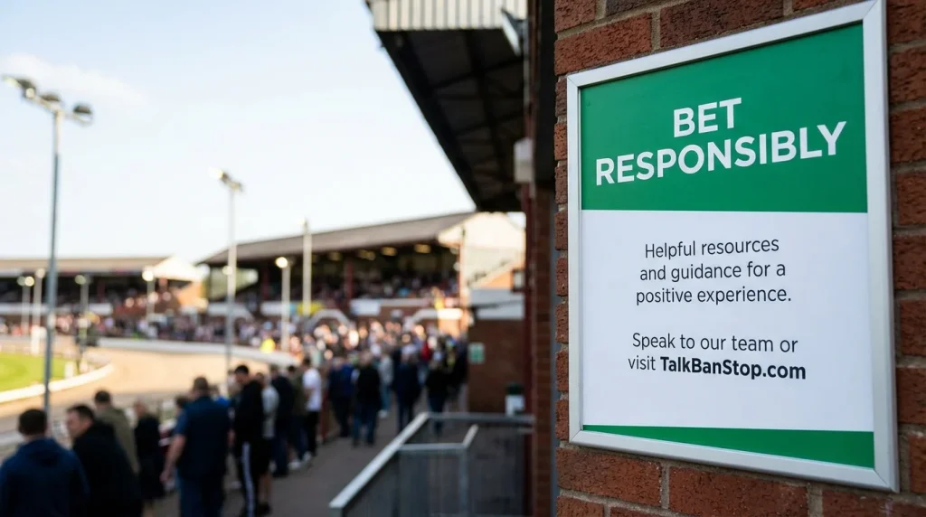 Responsible gambling message displayed at a UK greyhound racing track