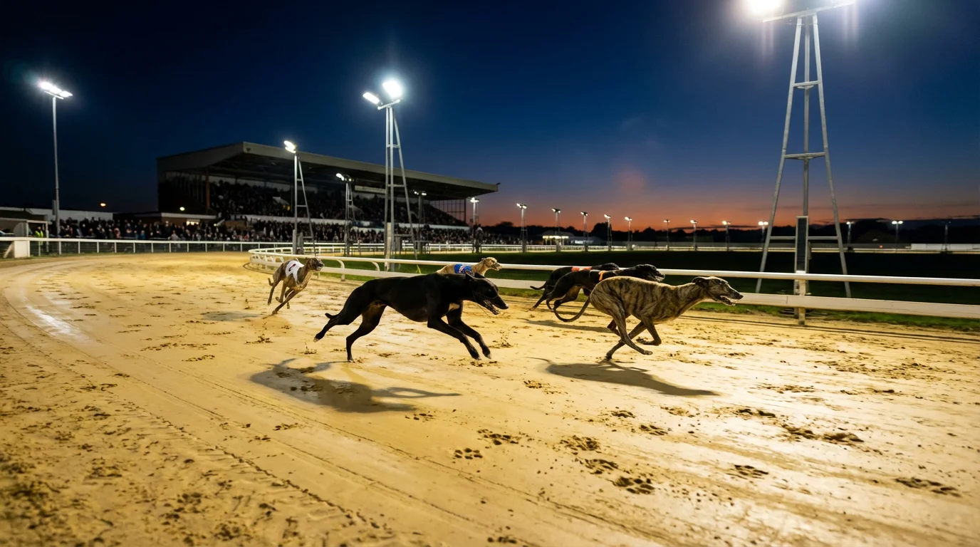 Greyhound racing at a UK track under floodlights