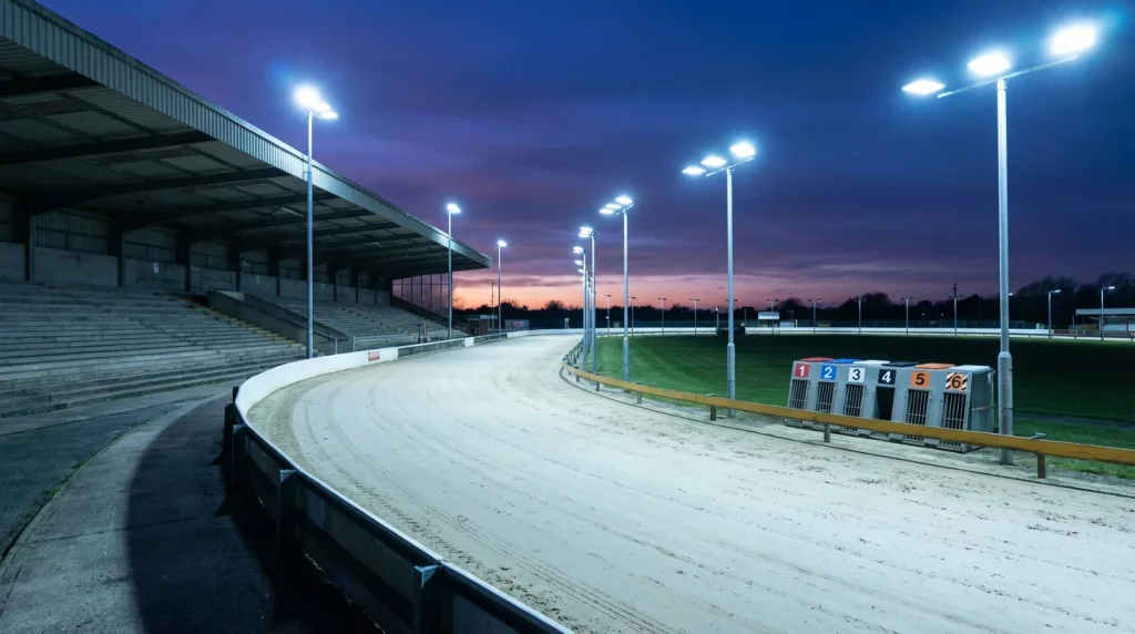 Aerial view of a UK greyhound racing track with floodlit sand oval