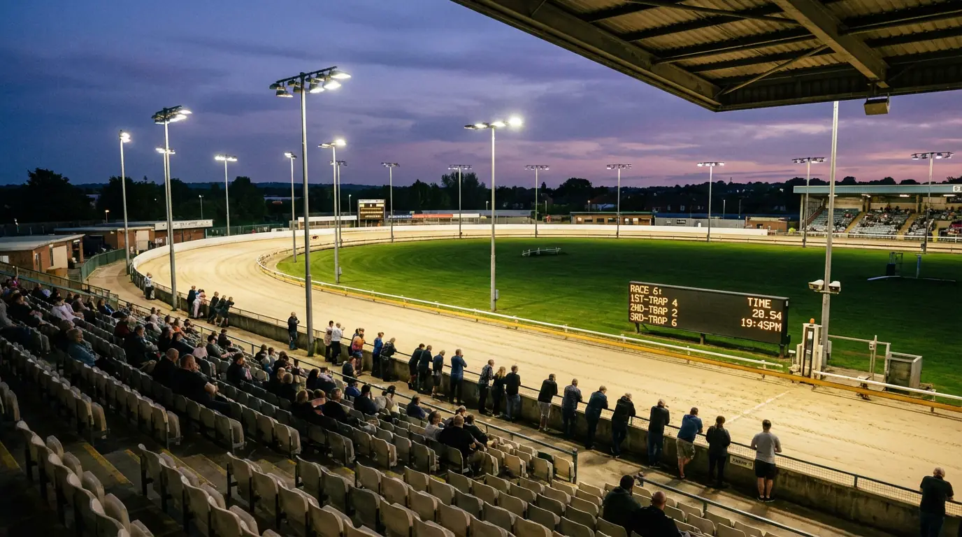 Towcester greyhound stadium viewed from the grandstand showing the sand track oval under evening floodlights