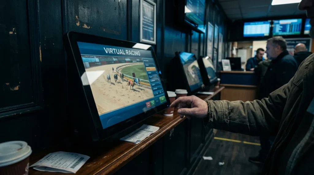 Virtual greyhound racing animation displayed on a betting screen