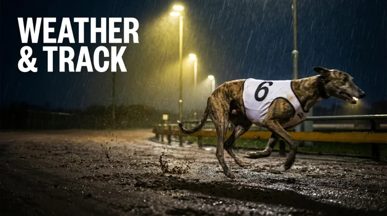 Greyhound racing track surface showing wet sand conditions after rain
